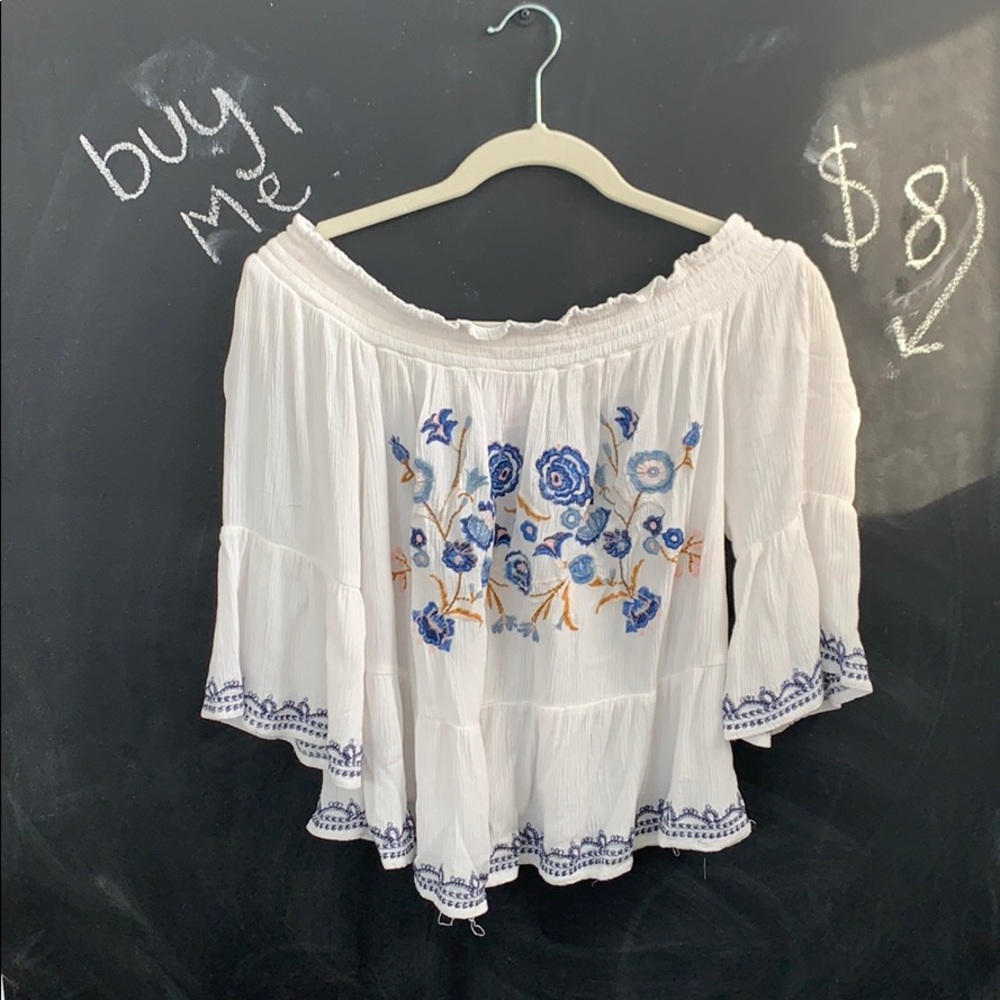 White and Blue Floral Off the Shoulder Top